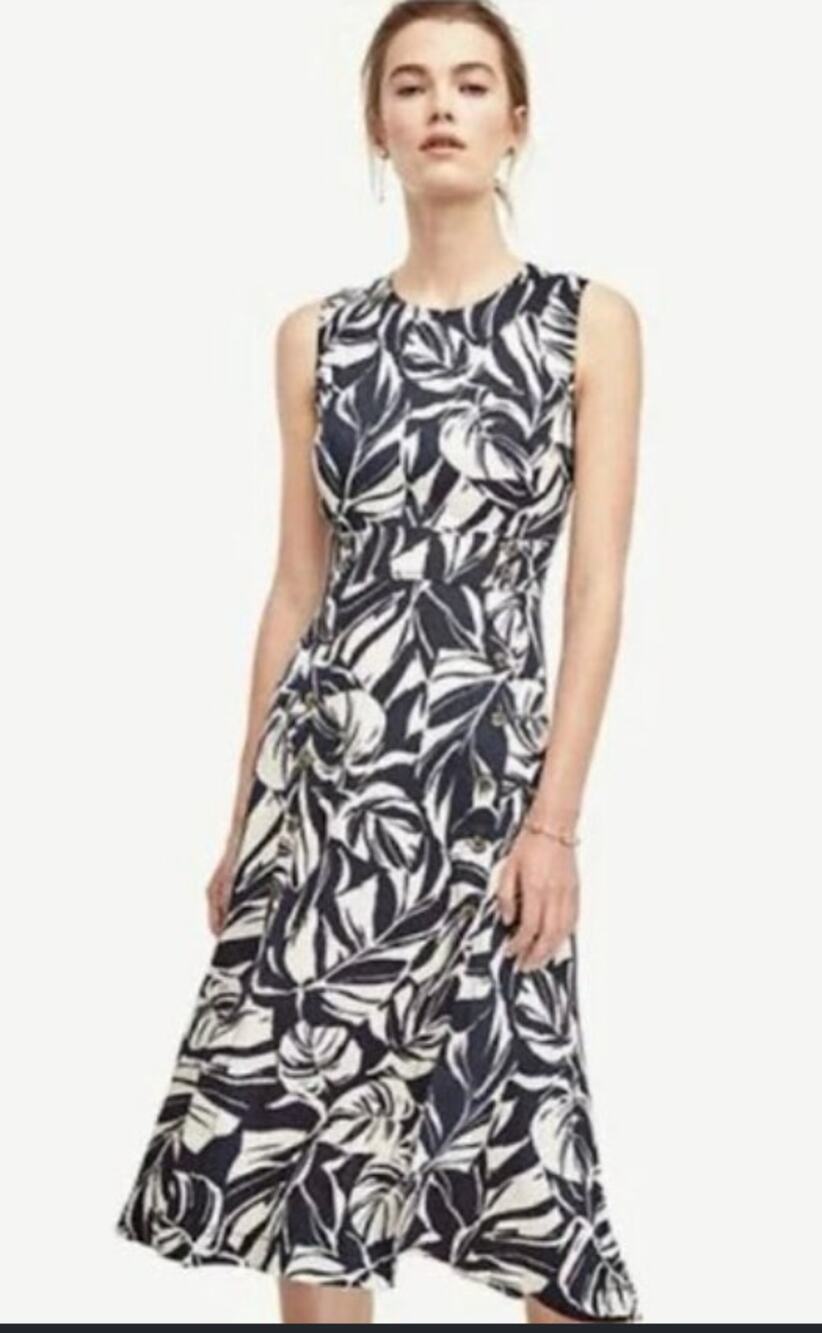Ann Taylor Linen Blend Botanical Leaf Print Midi Dress 12 Blue White Cruise Work